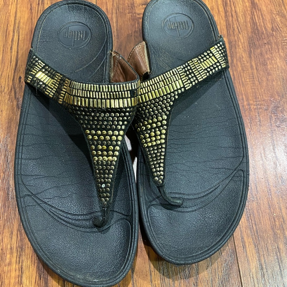 Fit flop black platform sandals with gold